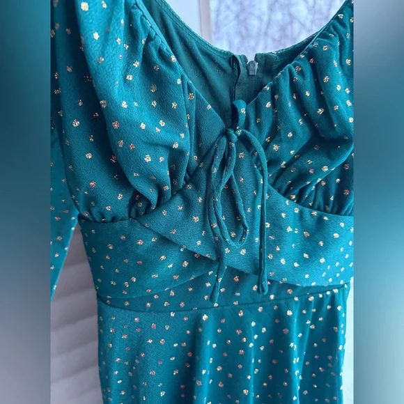 🆕 ✨ Midnight Doll Green Gold Dotted Mini Dress M Tie Party Holiday Chic Size M - Picture 10 of 15
